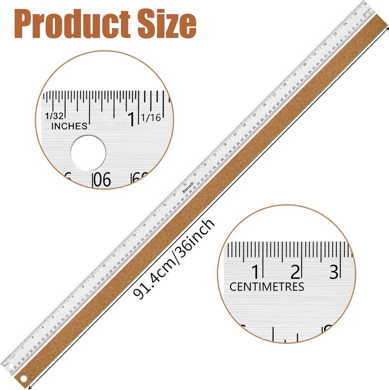 Boompark 36 Inch Metal Ruler, Stainless Steel Straight Edge Ruler with Cork Backing, Non-Slip Imperial & Metric Measuring Tool for School, Office, Woodworking, Drafting - Image 2